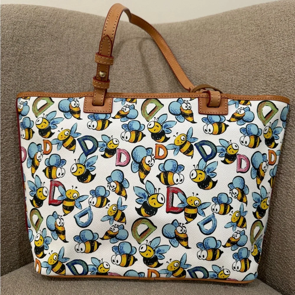 Dooney & Bourke White Bee Print Tote with Tan Trim - Picture 4 of 13